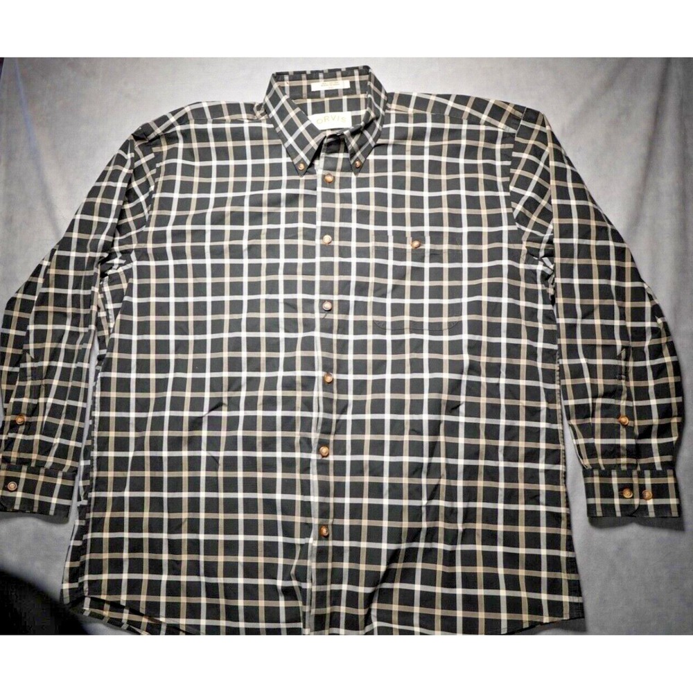 Orvis‎ Shirt Mens Size 2XL Black Plaid Casual Button Up Long Sleeve Heavy Cotton